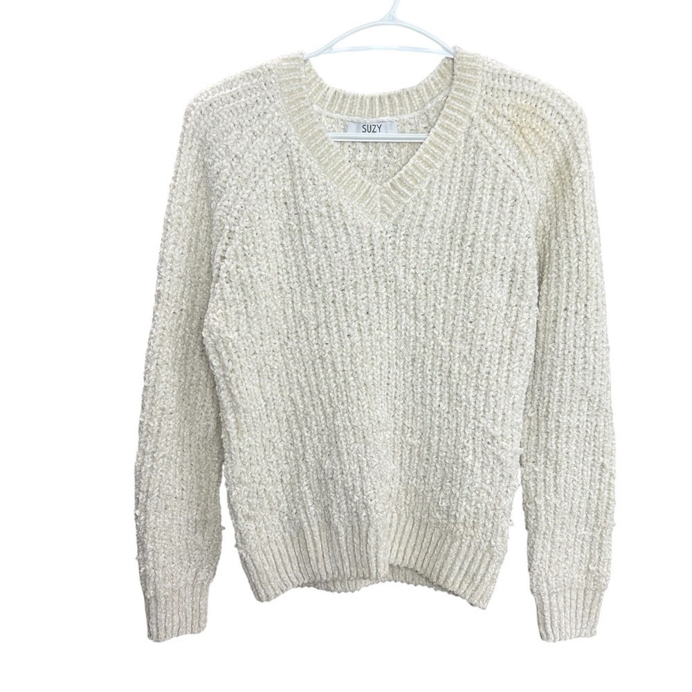 SUZY SHIER V-Neck Pullover Sweater Off White Ribbed size Medium Knitted Sweater